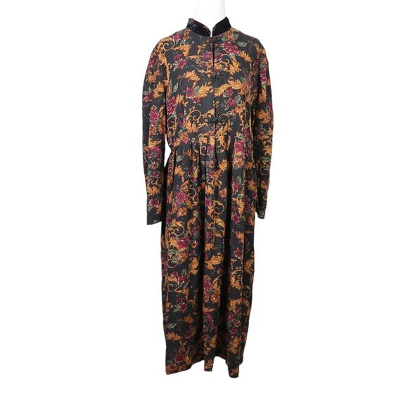 Vintage 90s black and burgundy red floral baroque midi dress 14 - Picture 1 of 5